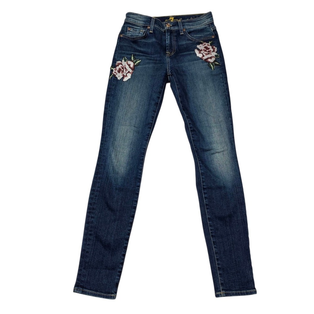 7 For All Mankind The Skinny Jeans Womens 24 Blue Cotton Floral Rose Embroidered